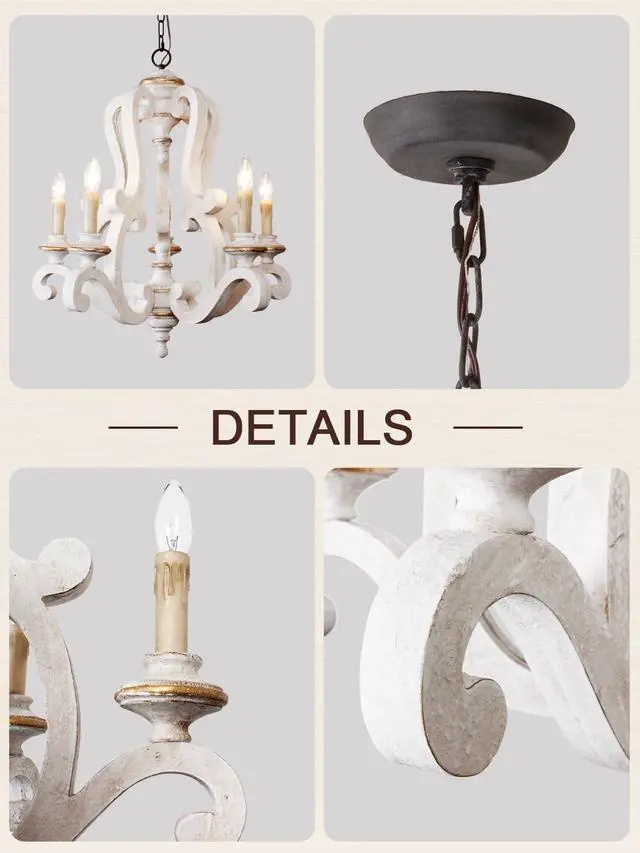 Alt view image 5 of 6 - Farmhouse Distressed White Wooden Chandelier, French Country Empire Pendant Lighting Fixture with 5 Candle Lights, Adjustable Chain, for Kitchen, Dining Room, Foyer, Hallway etc