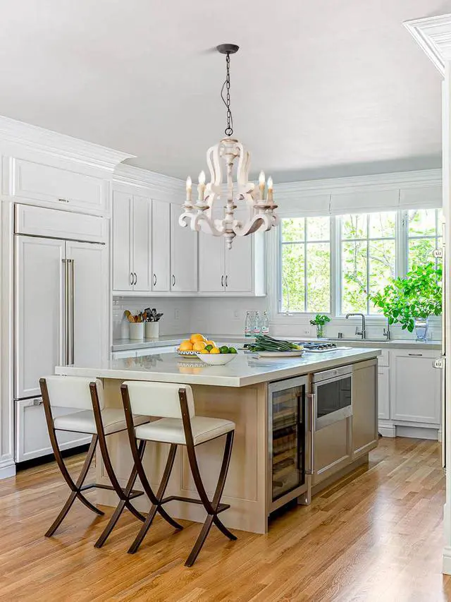 Alt view image 6 of 6 - Farmhouse Distressed White Wooden Chandelier, French Country Empire Pendant Lighting Fixture with 5 Candle Lights, Adjustable Chain, for Kitchen, Dining Room, Foyer, Hallway etc