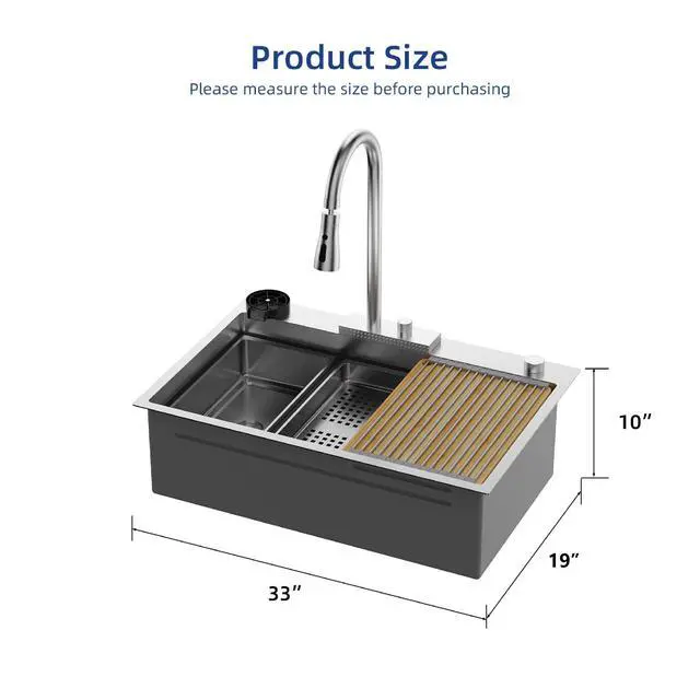 Alt view image 2 of 6 - 33 Inch Waterfall Kitchen Sink with Faucet, 33x19 Drop In Workstation Sink 18 Gauge Single Bowl Smart Basin with Cup Washer, Cutting Board & All Accessories, Right Drain, Stainless Steel