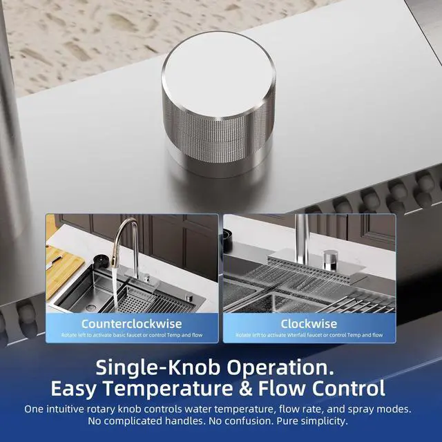 Alt view image 6 of 6 - 33 Inch Waterfall Kitchen Sink with Faucet, 33x19 Drop In Workstation Sink 18 Gauge Single Bowl Smart Basin with Cup Washer, Cutting Board & All Accessories, Right Drain, Stainless Steel