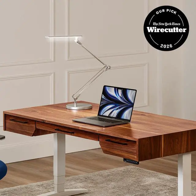 Alt view image 2 of 6 - UPLIFTDESK E7 LED Desk Lamp Adjustable 3 Color Modes, Dimmable Home Office Desk Light for Standing Desk, Dual Monitors, Aluminum Task Lamp (Silver Lamp, Silver Base)