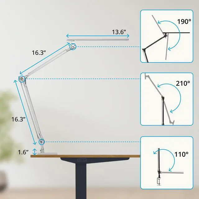 Alt view image 4 of 6 - UPLIFTDESK E7 LED Desk Lamp Adjustable 3 Color Modes, Dimmable Home Office Desk Light for Standing Desk, Dual Monitors, Aluminum Task Lamp (Silver Lamp, Silver Base)