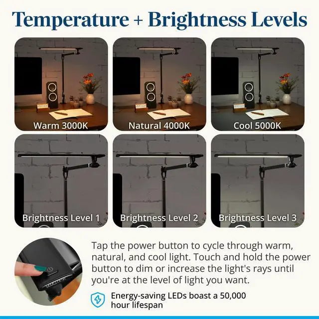 Alt view image 6 of 6 - UPLIFTDESK E7 LED Desk Lamp Adjustable 3 Color Modes, Dimmable Home Office Desk Light for Standing Desk, Dual Monitors, Aluminum Task Lamp (Silver Lamp, Silver Base)