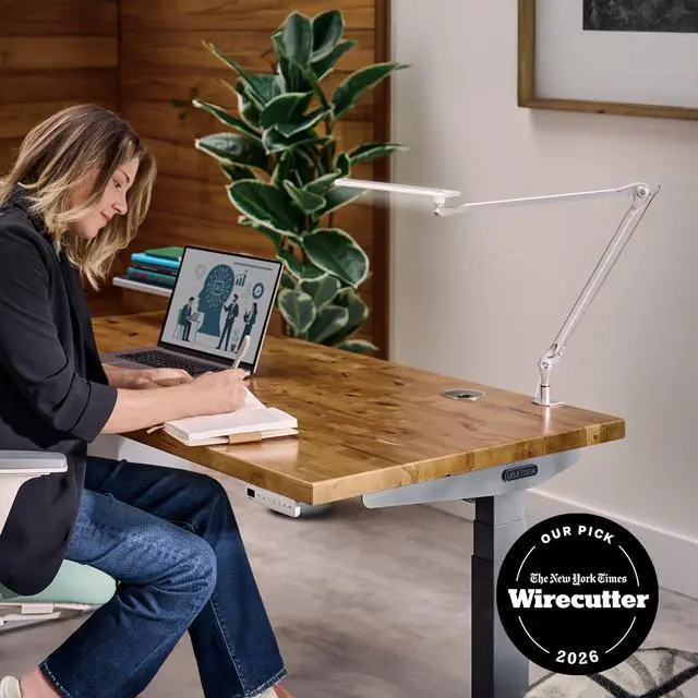 Alt view image 2 of 6 - UPLIFTDESK E7 LED Desk Lamp - Adjustable 3 Color Modes, Dimmable Home Office Desk Light for Standing Desk, Dual Monitors, Aluminum Task Lamp (Silver Base)
