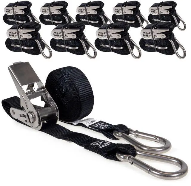 Main image of Stainless Steel Ratchet Straps with Carabiner Hooks 1" X 10' (10 Pack), 500 LBS Break Strength, Marine Tie Down Straps for Boats, ATVs, Trees, Camping, Snow, Saltwater Applications