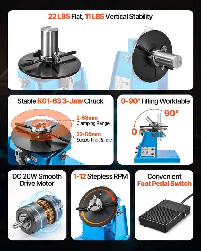 Alt view image 2 of 6 - Rotary Welding Positioner 10KG, 1-12 RPM 20W, Adjustable 0-90° Turntable with 8.1 Inch 3-Jaw Chuck, Compact Welder Machine for Precision Cutting, Grinding, Assembly, and Testing