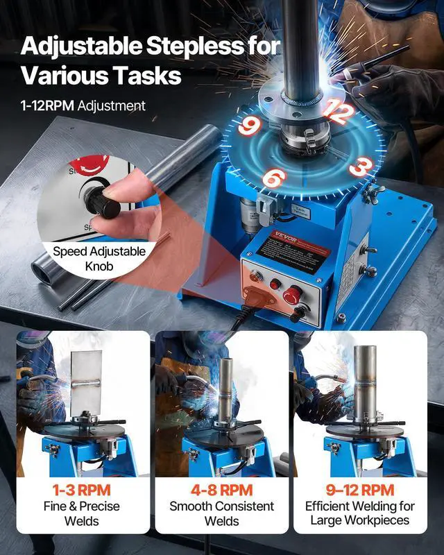 Alt view image 5 of 6 - Rotary Welding Positioner 10KG, 1-12 RPM 20W, Adjustable 0-90° Turntable with 8.1 Inch 3-Jaw Chuck, Compact Welder Machine for Precision Cutting, Grinding, Assembly, and Testing