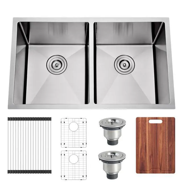 Alt view image 2 of 6 - 32 Inch Undermount Double Bowl Handmade 50/50 Kitchen Sink | 304 Stainless Steel, 16 Gauge Thickness, X Drain Line Design, Accessories Combo Included, Large Capacity, 32" x 19" x 10"