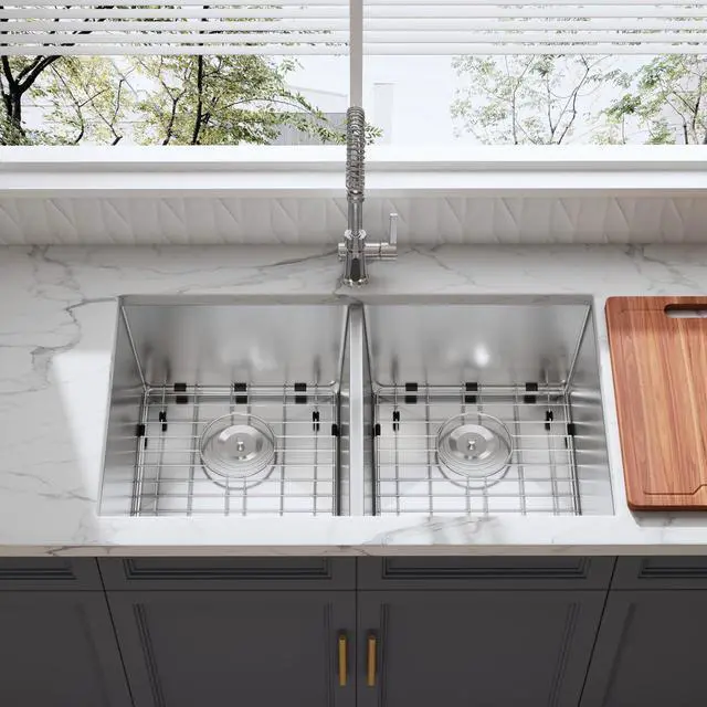 Alt view image 3 of 6 - 32 Inch Undermount Double Bowl Handmade 50/50 Kitchen Sink | 304 Stainless Steel, 16 Gauge Thickness, X Drain Line Design, Accessories Combo Included, Large Capacity, 32" x 19" x 10"