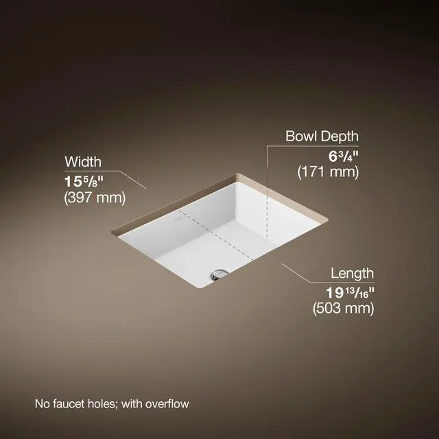 Alt view image 3 of 6 - 2882-0 Verticyl Rectangular Undermount Bathroom Sink, 19 3/4", White