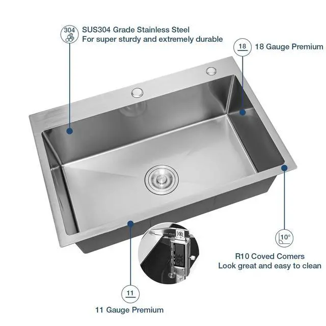 Alt view image 5 of 6 - 33 Inch Drop In Kitchen Sink, 16 Gauge Stainless Steel Kitchen Sink Single Bowl Sinks with Drain Strainer (33"x19"x9")