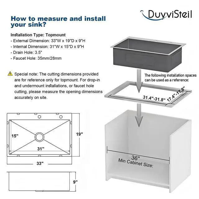 Alt view image 6 of 6 - 33 Inch Drop In Kitchen Sink, 16 Gauge Stainless Steel Kitchen Sink Single Bowl Sinks with Drain Strainer (33"x19"x9")