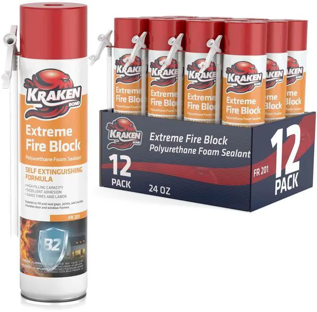 Main image of Extreme Orange Fire Block Foam - (12x24oz) Fire Rated Polyurethane Spray for Gap Filling, Sealing on Windows, Walls, Joints & Pipes, Straw Use High Expansion Fire Proof Foam - 12 Pack