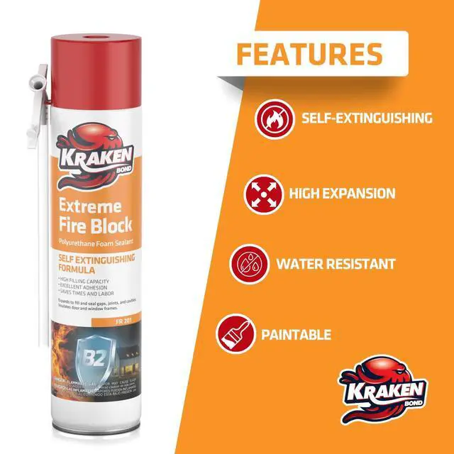 Alt view image 3 of 6 - Extreme Orange Fire Block Foam - (12x24oz) Fire Rated Polyurethane Spray for Gap Filling, Sealing on Windows, Walls, Joints & Pipes, Straw Use High Expansion Fire Proof Foam - 12 Pack