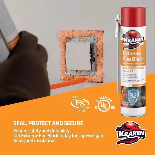 Alt view image 5 of 6 - Extreme Orange Fire Block Foam - (12x24oz) Fire Rated Polyurethane Spray for Gap Filling, Sealing on Windows, Walls, Joints & Pipes, Straw Use High Expansion Fire Proof Foam - 12 Pack