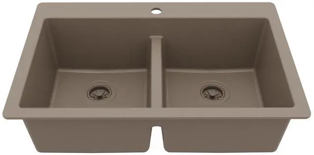 Main image of 33" Concrete Color Quartz Composite Double Bowl Kitchen Sink Top Mount Drop-In 50/50 Low Divider, 80% Natural Quartz, 535°F Heat Resistant, Sound Dampening, Granite Composite, QT-810