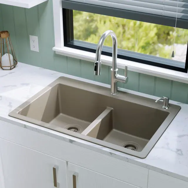 Alt view image 2 of 6 - 33" Concrete Color Quartz Composite Double Bowl Kitchen Sink Top Mount Drop-In 50/50 Low Divider, 80% Natural Quartz, 535°F Heat Resistant, Sound Dampening, Granite Composite, QT-810