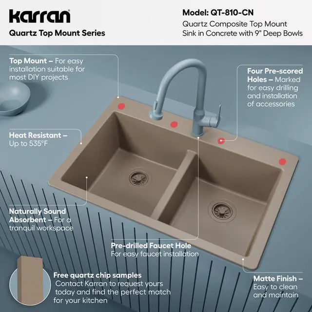 Alt view image 3 of 6 - 33" Concrete Color Quartz Composite Double Bowl Kitchen Sink Top Mount Drop-In 50/50 Low Divider, 80% Natural Quartz, 535°F Heat Resistant, Sound Dampening, Granite Composite, QT-810
