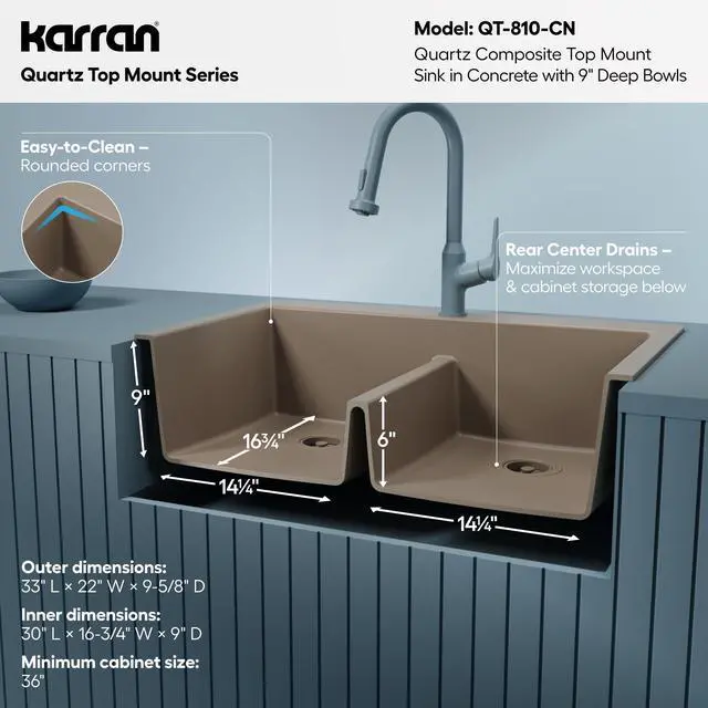 Alt view image 5 of 6 - 33" Concrete Color Quartz Composite Double Bowl Kitchen Sink Top Mount Drop-In 50/50 Low Divider, 80% Natural Quartz, 535°F Heat Resistant, Sound Dampening, Granite Composite, QT-810