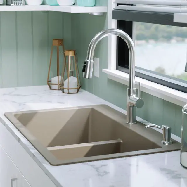 Alt view image 6 of 6 - 33" Concrete Color Quartz Composite Double Bowl Kitchen Sink Top Mount Drop-In 50/50 Low Divider, 80% Natural Quartz, 535°F Heat Resistant, Sound Dampening, Granite Composite, QT-810