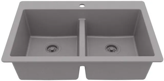 Main image of 33" Grey Quartz Composite Double Bowl Kitchen Sink Top Mount Drop-In 50/50 Low Divider, 80% Natural Quartz, 535°F Heat Resistant, Sound Dampening, Granite Composite, QT-810