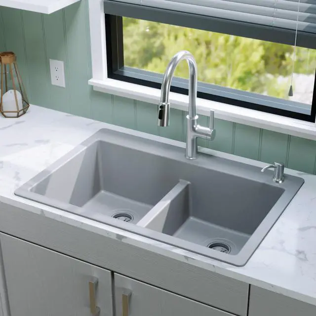 Alt view image 2 of 6 - 33" Grey Quartz Composite Double Bowl Kitchen Sink Top Mount Drop-In 50/50 Low Divider, 80% Natural Quartz, 535°F Heat Resistant, Sound Dampening, Granite Composite, QT-810