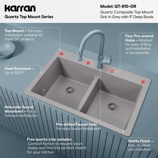 Alt view image 3 of 6 - 33" Grey Quartz Composite Double Bowl Kitchen Sink Top Mount Drop-In 50/50 Low Divider, 80% Natural Quartz, 535°F Heat Resistant, Sound Dampening, Granite Composite, QT-810