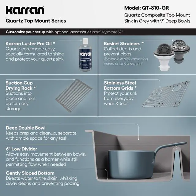 Alt view image 4 of 6 - 33" Grey Quartz Composite Double Bowl Kitchen Sink Top Mount Drop-In 50/50 Low Divider, 80% Natural Quartz, 535°F Heat Resistant, Sound Dampening, Granite Composite, QT-810