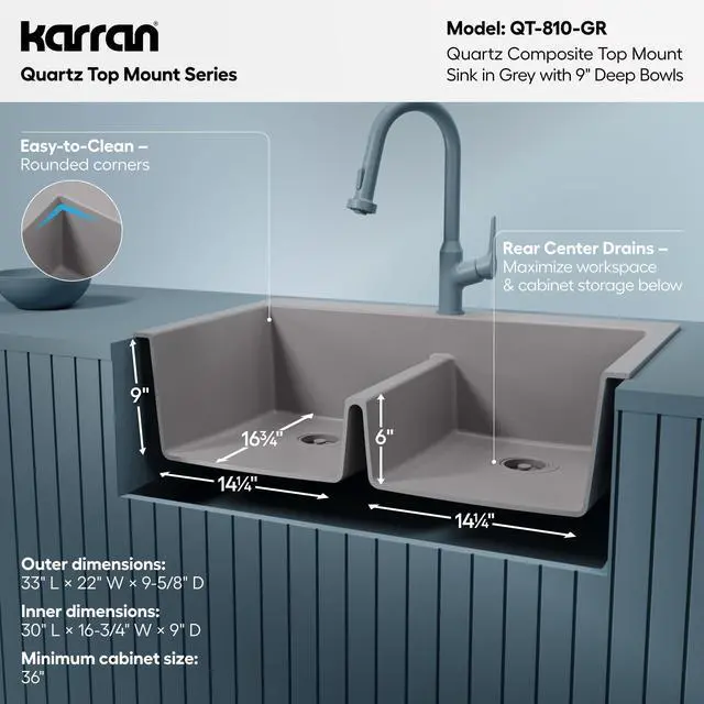 Alt view image 5 of 6 - 33" Grey Quartz Composite Double Bowl Kitchen Sink Top Mount Drop-In 50/50 Low Divider, 80% Natural Quartz, 535°F Heat Resistant, Sound Dampening, Granite Composite, QT-810