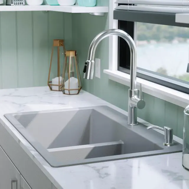 Alt view image 6 of 6 - 33" Grey Quartz Composite Double Bowl Kitchen Sink Top Mount Drop-In 50/50 Low Divider, 80% Natural Quartz, 535°F Heat Resistant, Sound Dampening, Granite Composite, QT-810