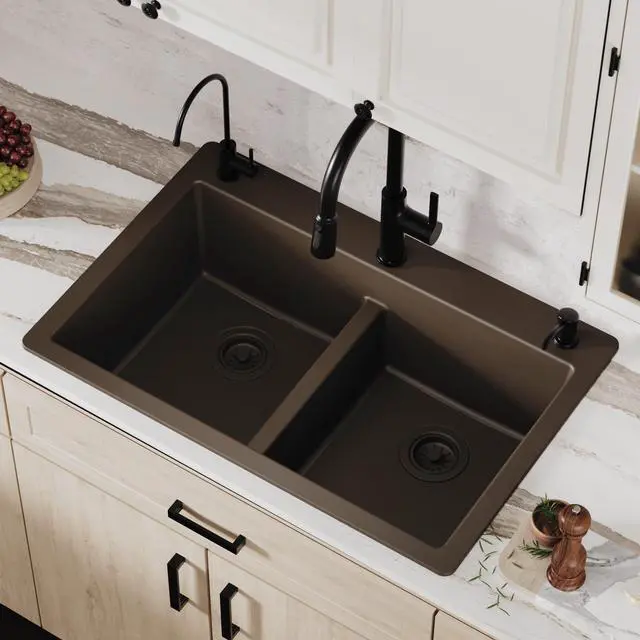 Alt view image 2 of 6 - 33" Brown Quartz Composite Double Bowl Kitchen Sink Top Mount Drop-In 50/50 Low Divider, 80% Natural Quartz, 535°F Heat Resistant, Sound Dampening, Granite Composite, QT-810