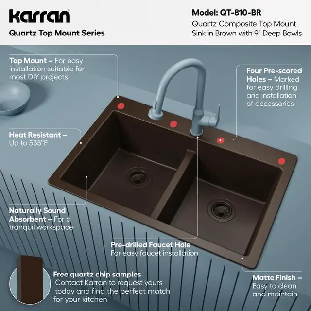 Alt view image 3 of 6 - 33" Brown Quartz Composite Double Bowl Kitchen Sink Top Mount Drop-In 50/50 Low Divider, 80% Natural Quartz, 535°F Heat Resistant, Sound Dampening, Granite Composite, QT-810