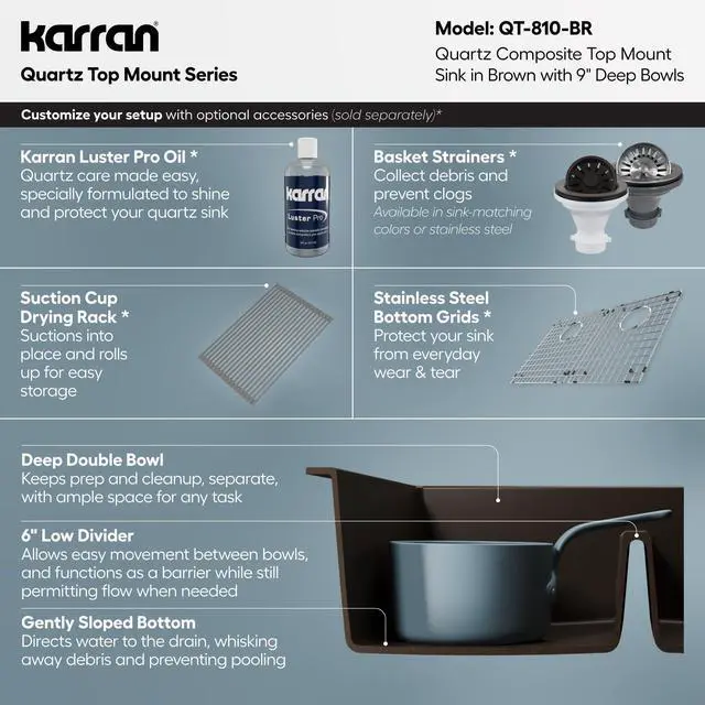 Alt view image 4 of 6 - 33" Brown Quartz Composite Double Bowl Kitchen Sink Top Mount Drop-In 50/50 Low Divider, 80% Natural Quartz, 535°F Heat Resistant, Sound Dampening, Granite Composite, QT-810