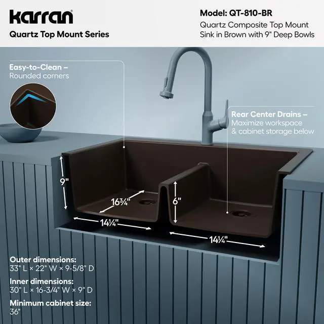 Alt view image 5 of 6 - 33" Brown Quartz Composite Double Bowl Kitchen Sink Top Mount Drop-In 50/50 Low Divider, 80% Natural Quartz, 535°F Heat Resistant, Sound Dampening, Granite Composite, QT-810