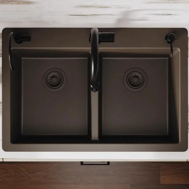 Alt view image 6 of 6 - 33" Brown Quartz Composite Double Bowl Kitchen Sink Top Mount Drop-In 50/50 Low Divider, 80% Natural Quartz, 535°F Heat Resistant, Sound Dampening, Granite Composite, QT-810