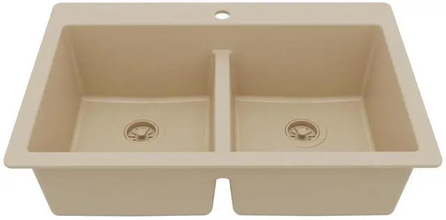 Main image of 33" Bisque Quartz Composite Double Bowl Kitchen Sink Top Mount Drop-In 50/50 Low Divider, 80% Natural Quartz, 535°F Heat Resistant, Sound Dampening, Granite Composite