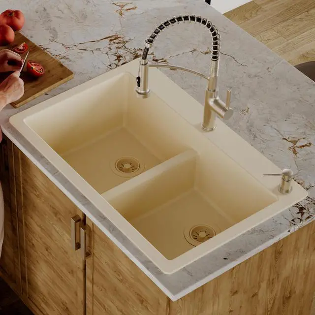 Alt view image 2 of 6 - 33" Bisque Quartz Composite Double Bowl Kitchen Sink Top Mount Drop-In 50/50 Low Divider, 80% Natural Quartz, 535°F Heat Resistant, Sound Dampening, Granite Composite