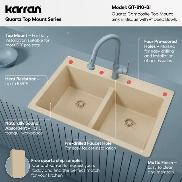 Alt view image 3 of 6 - 33" Bisque Quartz Composite Double Bowl Kitchen Sink Top Mount Drop-In 50/50 Low Divider, 80% Natural Quartz, 535°F Heat Resistant, Sound Dampening, Granite Composite