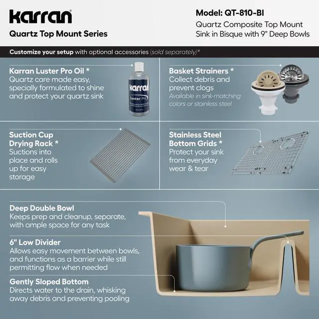 Alt view image 4 of 6 - 33" Bisque Quartz Composite Double Bowl Kitchen Sink Top Mount Drop-In 50/50 Low Divider, 80% Natural Quartz, 535°F Heat Resistant, Sound Dampening, Granite Composite