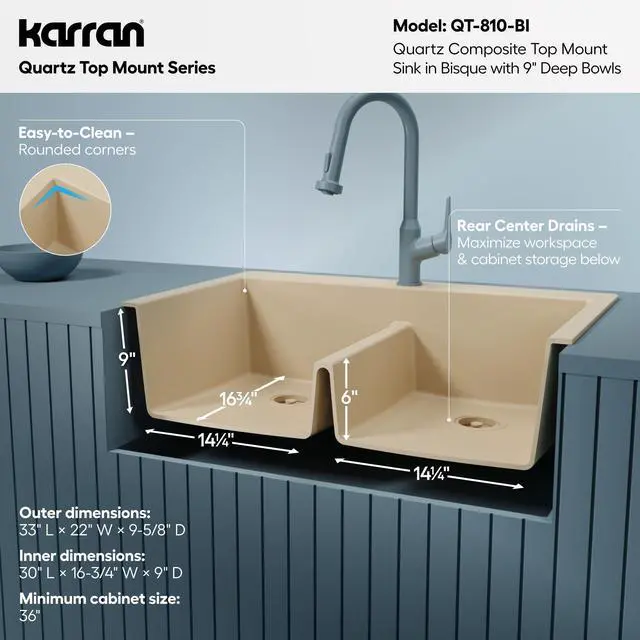 Alt view image 5 of 6 - 33" Bisque Quartz Composite Double Bowl Kitchen Sink Top Mount Drop-In 50/50 Low Divider, 80% Natural Quartz, 535°F Heat Resistant, Sound Dampening, Granite Composite