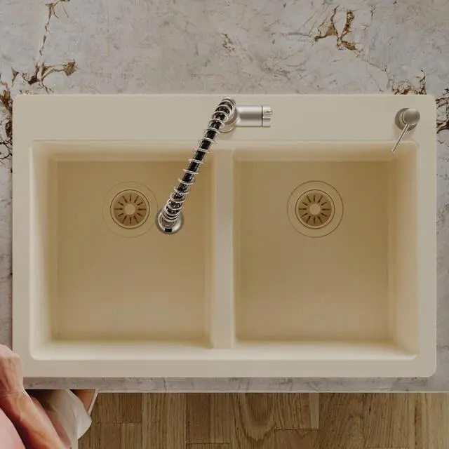 Alt view image 6 of 6 - 33" Bisque Quartz Composite Double Bowl Kitchen Sink Top Mount Drop-In 50/50 Low Divider, 80% Natural Quartz, 535°F Heat Resistant, Sound Dampening, Granite Composite