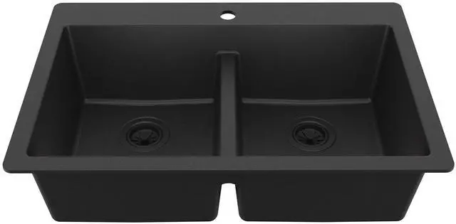 Main image of 33" Black Quartz Composite Double Bowl Kitchen Sink Top Mount Drop-In 50/50 Low Divider, 80% Natural Quartz, 535°F Heat Resistant, Sound Dampening, Granite Composite, QT-810