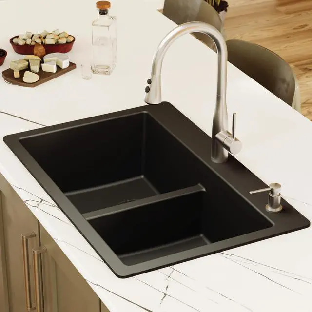 Alt view image 2 of 6 - 33" Black Quartz Composite Double Bowl Kitchen Sink Top Mount Drop-In 50/50 Low Divider, 80% Natural Quartz, 535°F Heat Resistant, Sound Dampening, Granite Composite, QT-810
