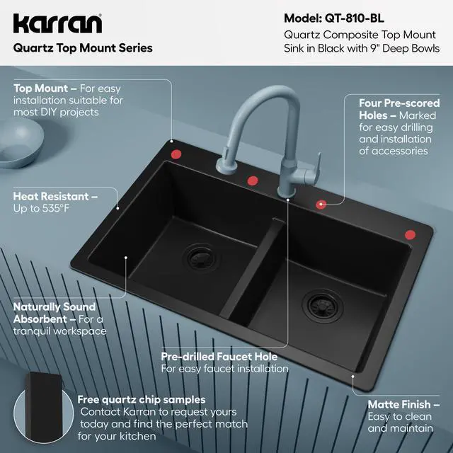 Alt view image 3 of 6 - 33" Black Quartz Composite Double Bowl Kitchen Sink Top Mount Drop-In 50/50 Low Divider, 80% Natural Quartz, 535°F Heat Resistant, Sound Dampening, Granite Composite, QT-810