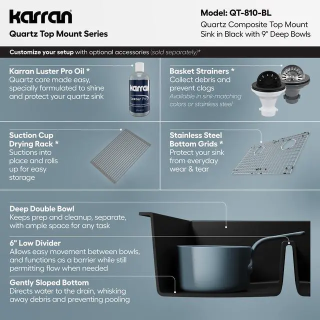 Alt view image 4 of 6 - 33" Black Quartz Composite Double Bowl Kitchen Sink Top Mount Drop-In 50/50 Low Divider, 80% Natural Quartz, 535°F Heat Resistant, Sound Dampening, Granite Composite, QT-810