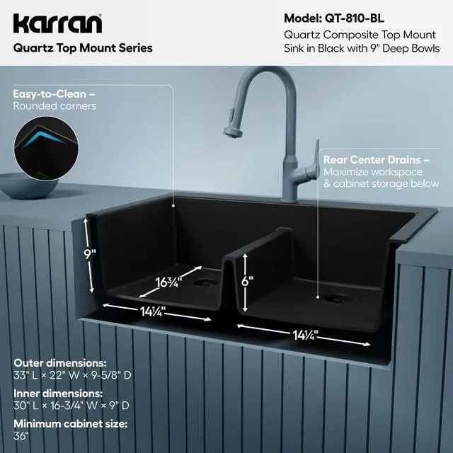 Alt view image 5 of 6 - 33" Black Quartz Composite Double Bowl Kitchen Sink Top Mount Drop-In 50/50 Low Divider, 80% Natural Quartz, 535°F Heat Resistant, Sound Dampening, Granite Composite, QT-810