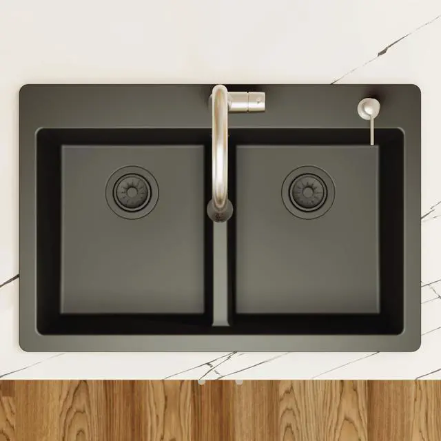 Alt view image 6 of 6 - 33" Black Quartz Composite Double Bowl Kitchen Sink Top Mount Drop-In 50/50 Low Divider, 80% Natural Quartz, 535°F Heat Resistant, Sound Dampening, Granite Composite, QT-810