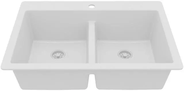 Main image of 33 Inch White Quartz Composite Double Bowl Kitchen Sink, Top Mount Drop-In 50/50 Low Divider, Heat & Impact Resistant Granite Quartz Sink with Sound Dampening, QT-810