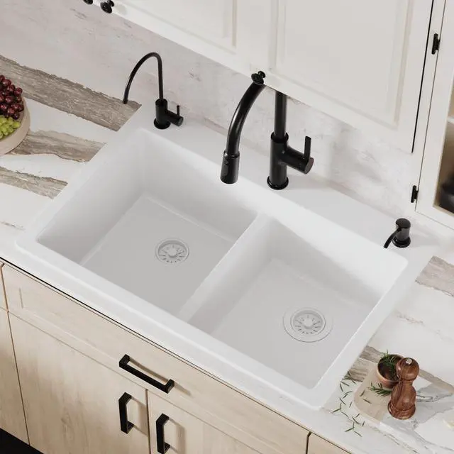 Alt view image 2 of 6 - 33 Inch White Quartz Composite Double Bowl Kitchen Sink, Top Mount Drop-In 50/50 Low Divider, Heat & Impact Resistant Granite Quartz Sink with Sound Dampening, QT-810