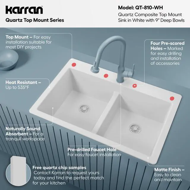 Alt view image 3 of 6 - 33 Inch White Quartz Composite Double Bowl Kitchen Sink, Top Mount Drop-In 50/50 Low Divider, Heat & Impact Resistant Granite Quartz Sink with Sound Dampening, QT-810